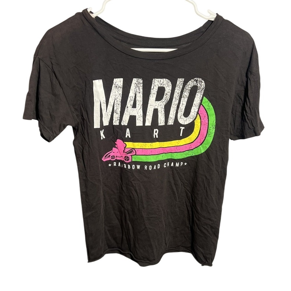 Mario Kart Rainbow Road Champ T-Shirt Women's XS Black Nintendo Graphic Tee